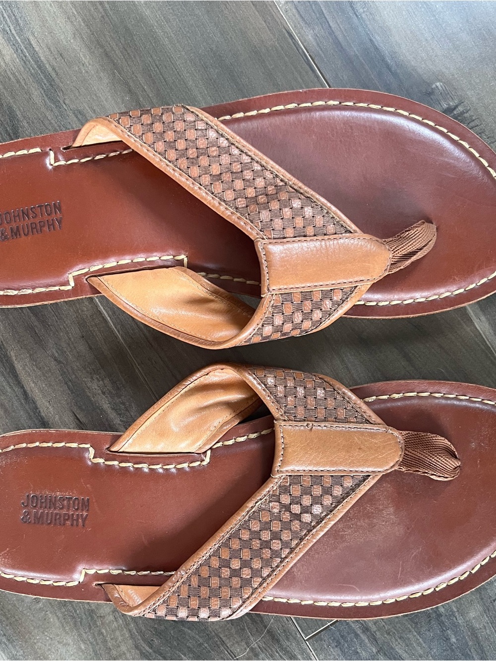Johnston & Murphy Tan and Brown Woven Leather Thong Sandals